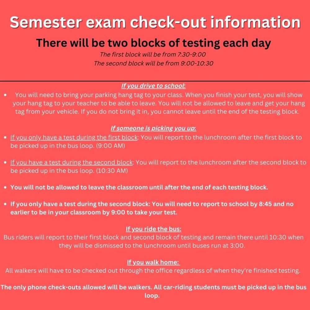  Semester Exam Check-Out Information